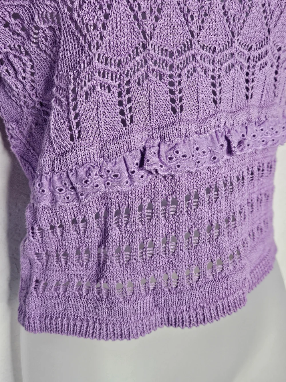 Zara Purple Boho Crochet Open Knit Puff Sleeve Eyelet Ruffle Top Size Small